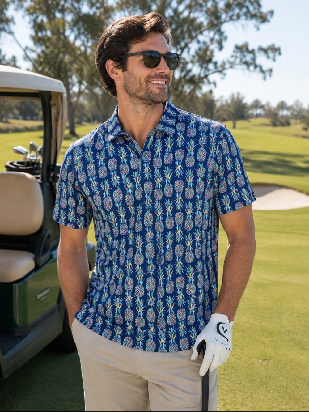 Deolax Blue Pineapple Print Golf Polo Shirt Performance XL NWT Men’s